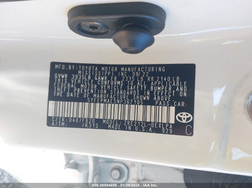 2022 TOYOTA COROLLA LE - 5YFEPMAE5NP367105