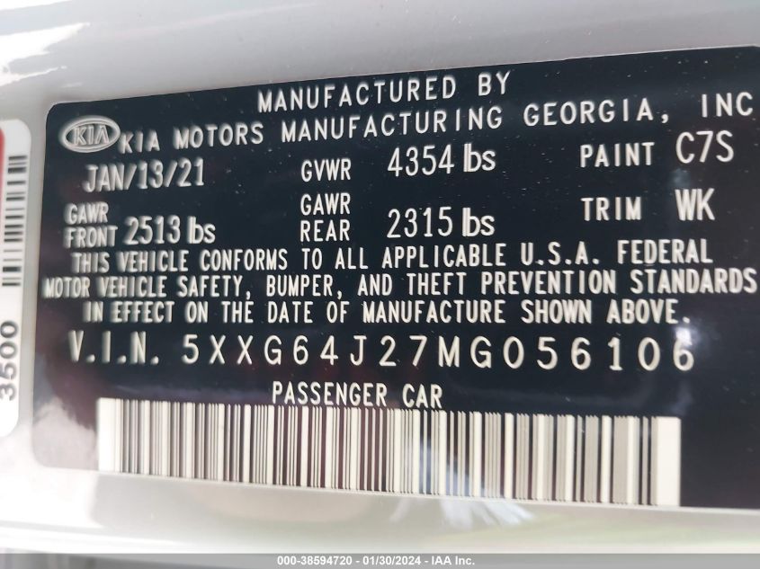 2021 KIA K5 GT LINE - 5XXG64J27MG056106