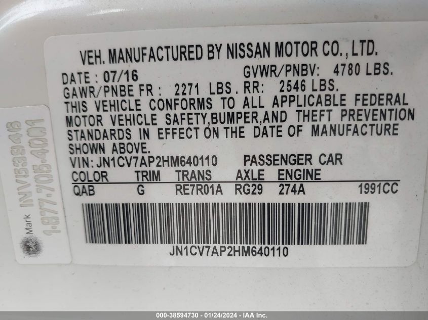 2017 INFINITI Q50 PREMIUM - JN1CV7AP2HM640110