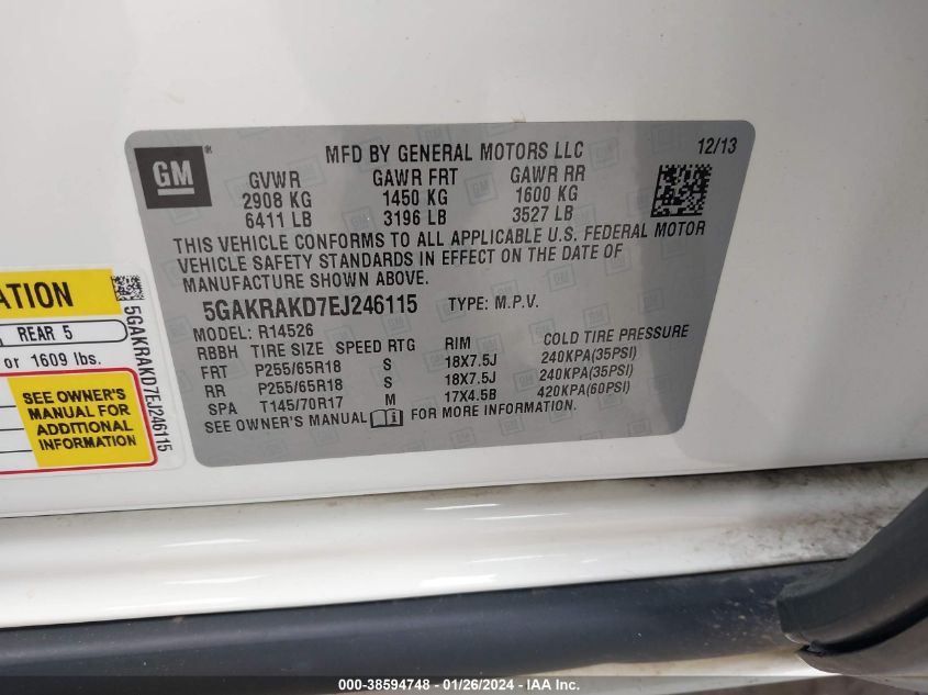 2014 BUICK ENCLAVE - 5GAKRAKD7EJ246115