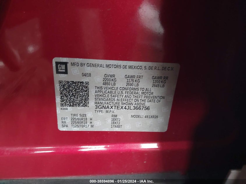 VIN 3GNAXTEX4JL366756 2018 CHEVROLET EQUINOX LT
