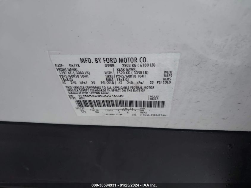 2018 FORD EXPLORER XLT - 1FM5K8D80JGC15039