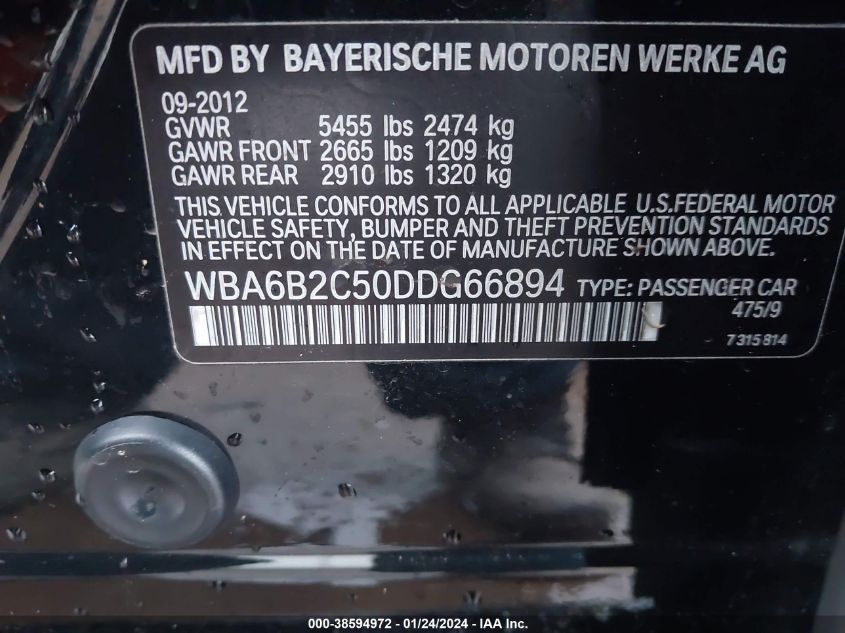 2013 BMW 650I GRAN COUPE WBA6B2C50DDG66894