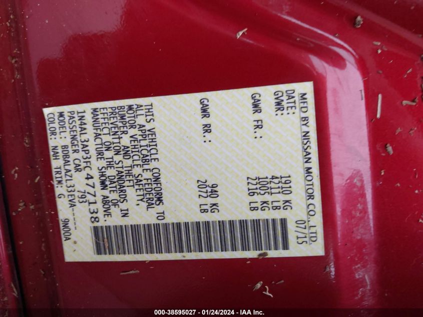 2015 NISSAN ALTIMA 2.5/S/SV/SL - 1N4AL3AP3FC477138