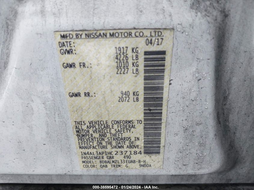 2017 NISSAN ALTIMA 2.5/S/SV/SL/SR - 1N4AL3AP1HC237184