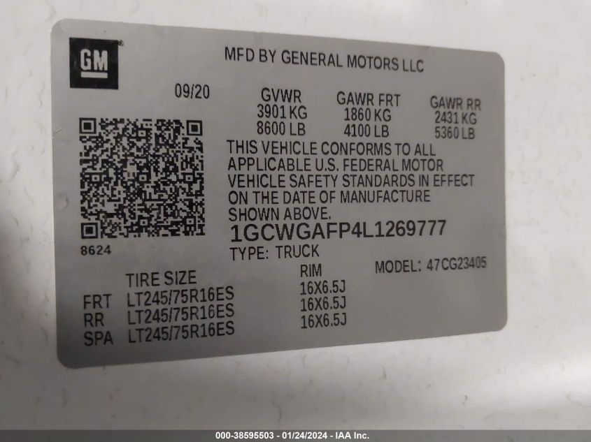 2020 CHEVROLET EXPRESS CARGO RWD 2500 REGULAR WHEELBASE WT - 1GCWGAFP4L1269777