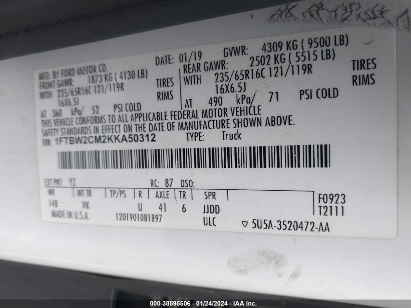 VIN 1FTBW2CM2KKA50312 2019 FORD TRANSIT-350