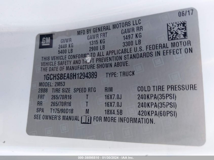 2017 CHEVROLET COLORADO WT - 1GCHSBEA8H1294389