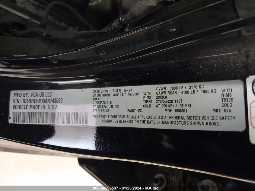 2021 RAM 1500 BIG HORN  4X2 5'7 BOX - 1C6RREFMXMN743639