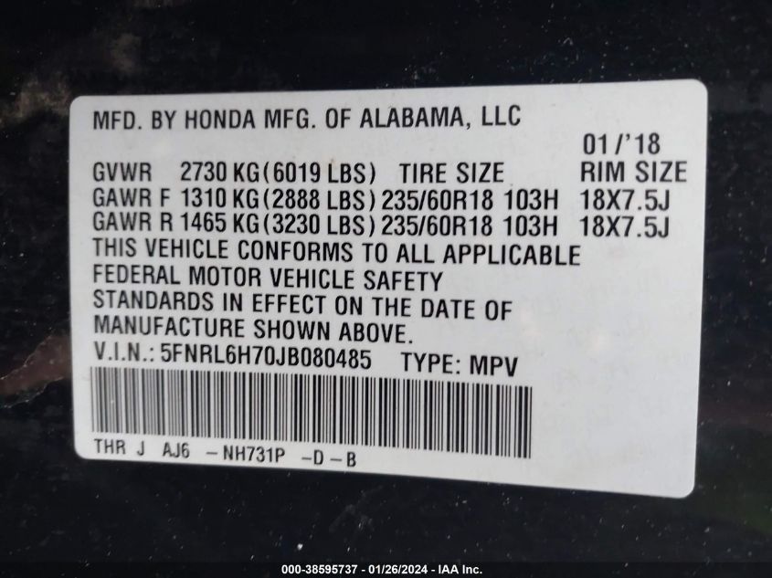 5FNRL6H70JB080485 2018 HONDA ODYSSEY, photo no. 9