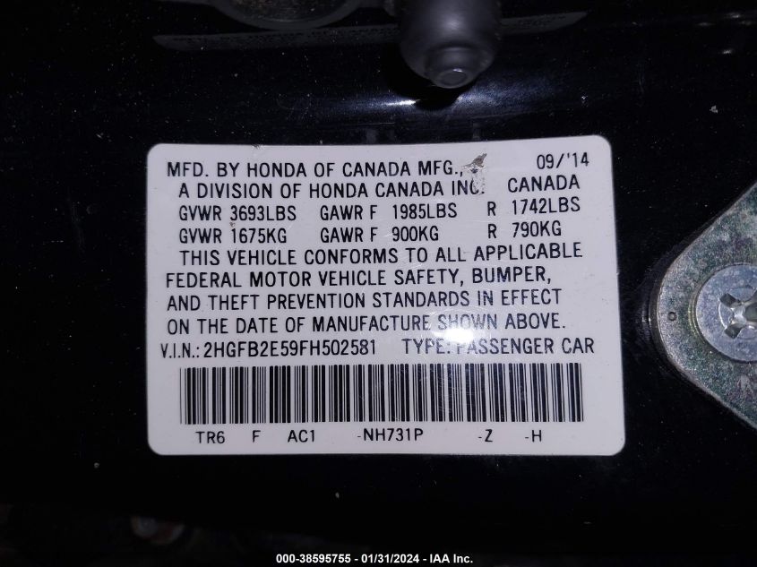 2015 HONDA CIVIC LX - 2HGFB2E59FH502581