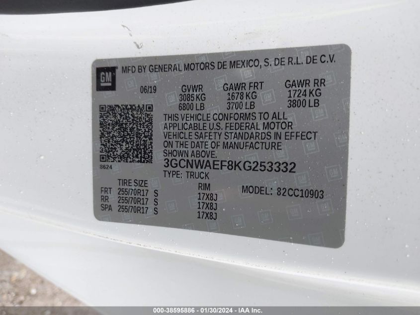 2019 CHEVROLET SILVERADO 1500 C1500 - 3GCNWAEF8KG253332