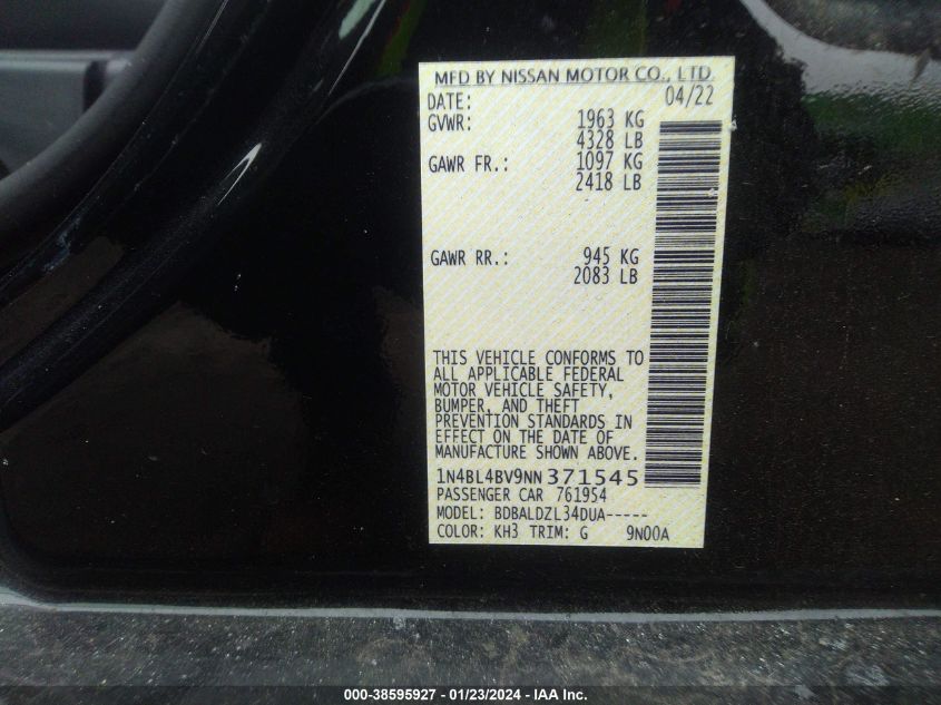 2022 NISSAN ALTIMA S FWD - 1N4BL4BV9NN371545