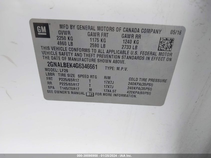 2016 CHEVROLET EQUINOX LS - 2GNALBEK4G6346661