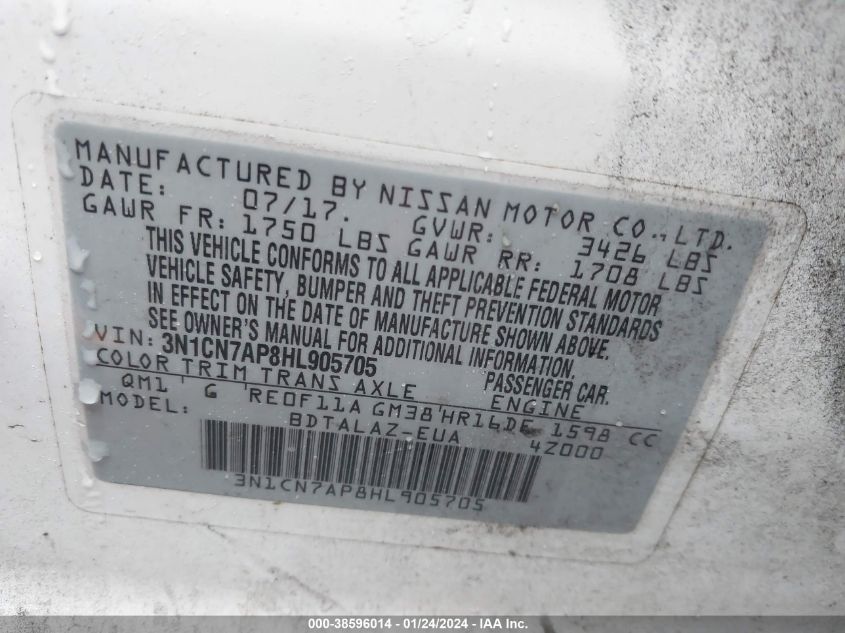 2017 NISSAN VERSA S/S PLUS/SV/SL - 3N1CN7AP8HL905705