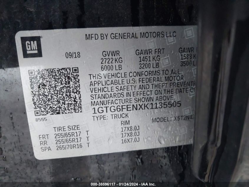 2019 GMC CANYON ALL TERRAIN W/CLOTH - 1GTG6FENXK1135505