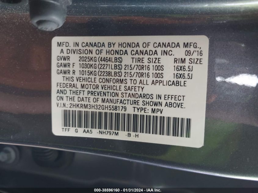 2016 HONDA CR-V LX - 2HKRM3H32GH558179