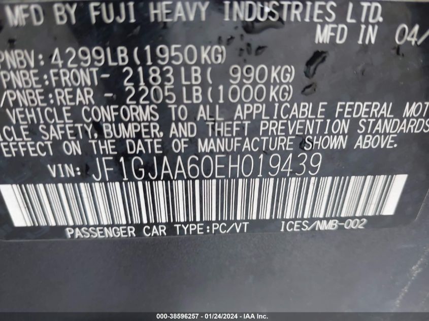 2014 SUBARU IMPREZA 2.0I - JF1GJAA60EH019439