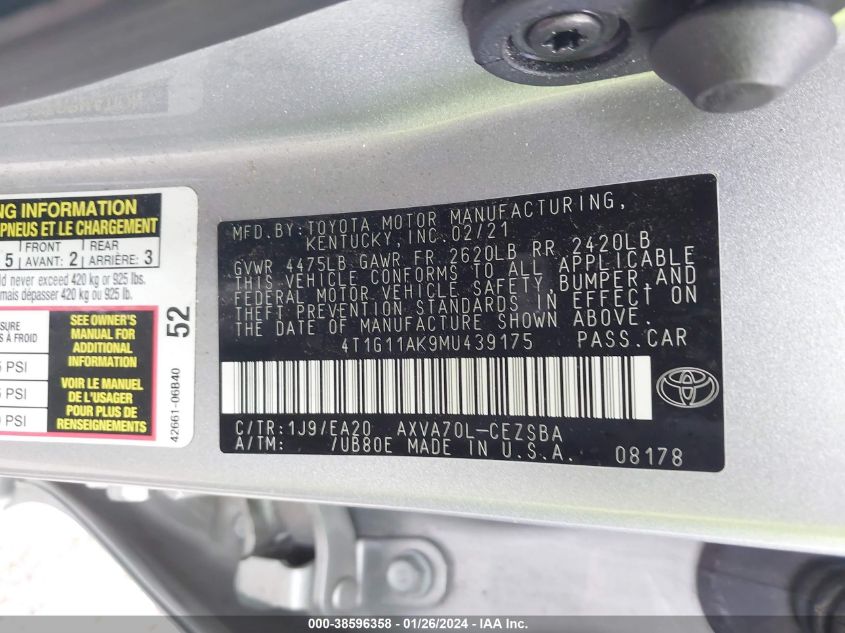 2021 TOYOTA CAMRY SE/SE NIGHT SHADE - 4T1G11AK9MU439175