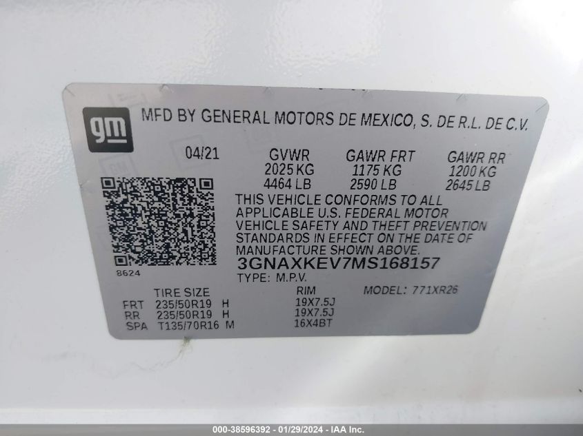 2021 CHEVROLET EQUINOX FWD LT - 3GNAXKEV7MS168157