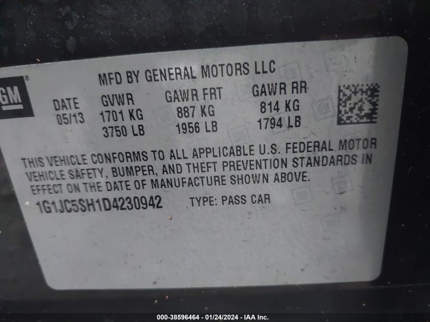 2013 CHEVROLET SONIC LT - 1G1JC5SH1D4230942