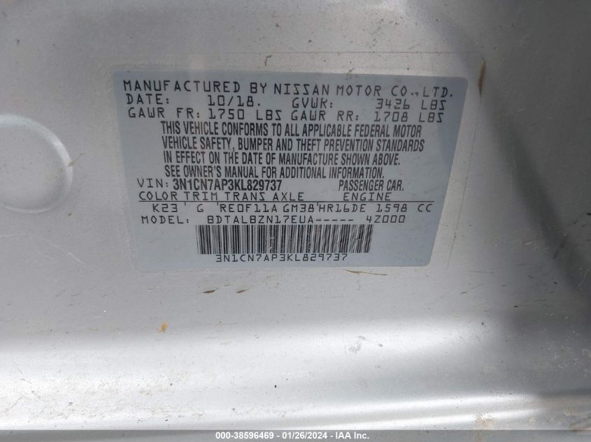 2019 NISSAN VERSA 1.6 SV - 3N1CN7AP3KL829737