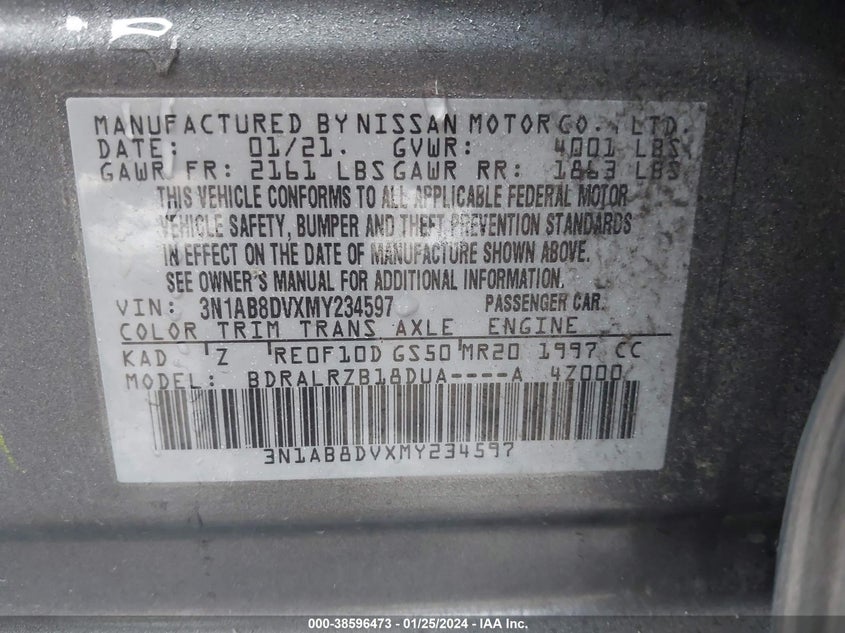 VIN 3N1AB8DVXMY234597 2021 NISSAN SENTRA SR