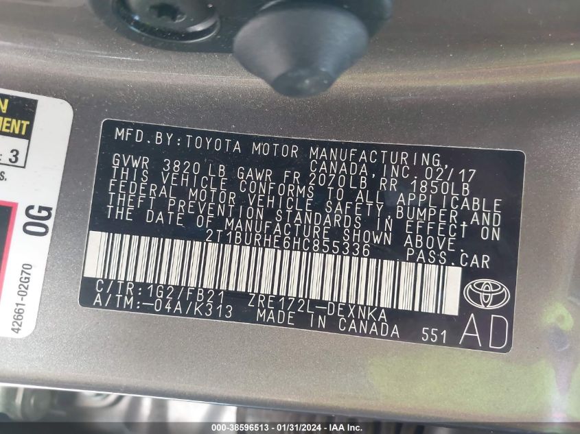 2017 TOYOTA COROLLA L/LE/SE/SE SPECIAL EDITION/XLE/XSE - 2T1BURHE6HC855336