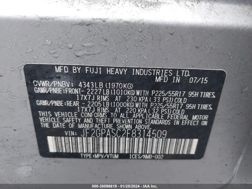 2015 SUBARU XV CROSSTREK 2.0I LIMITED - JF2GPASC2F8314509