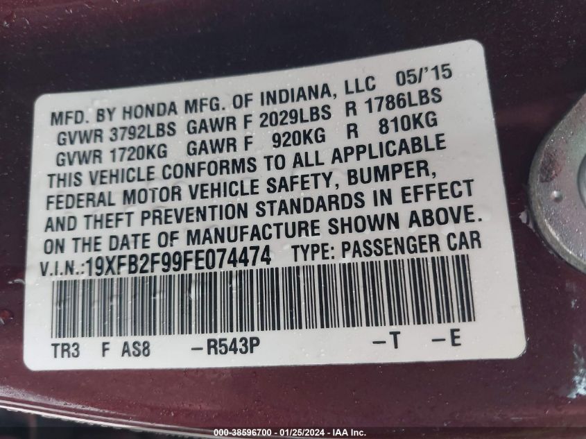 2015 HONDA CIVIC EX-L - 19XFB2F99FE074474