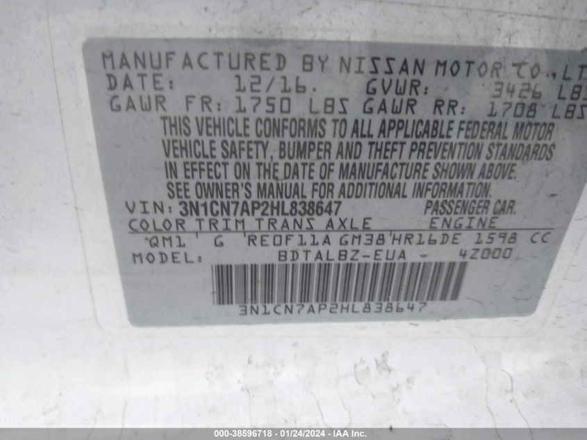 2017 NISSAN VERSA 1.6 SV - 3N1CN7AP2HL838647