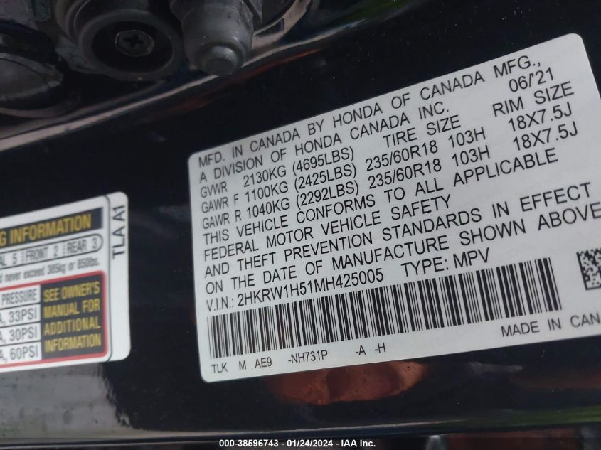 2021 HONDA CR-V EX - 2HKRW1H51MH425005