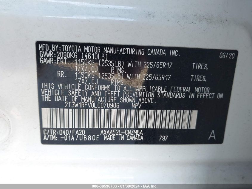 2020 TOYOTA RAV4 XLE/XLE PREMIUM - 2T3W1RFV0LC070906