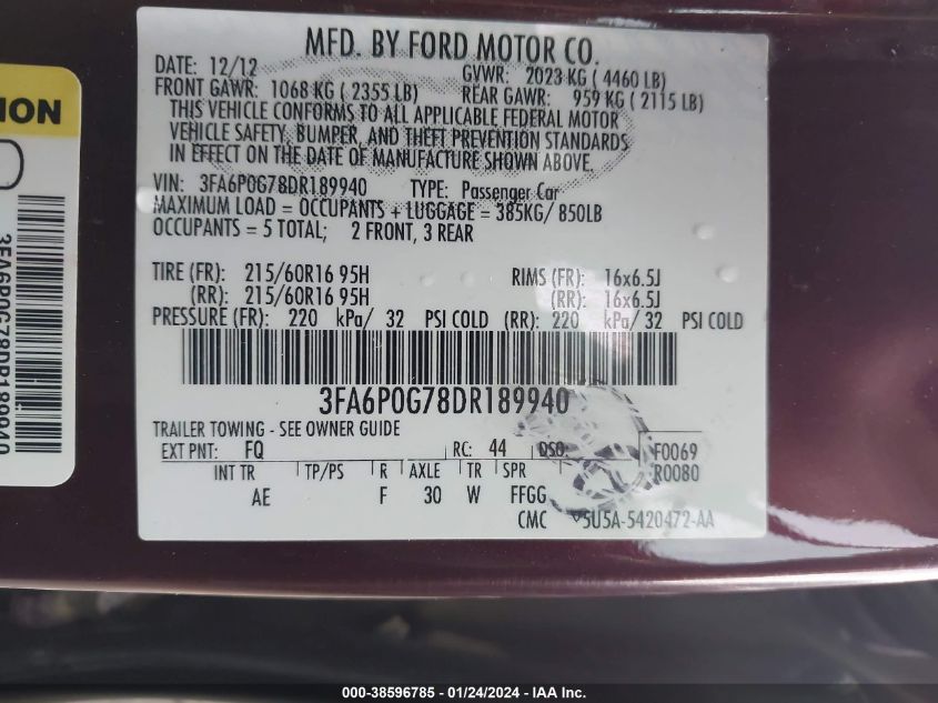 2013 FORD FUSION S - 3FA6P0G78DR189940