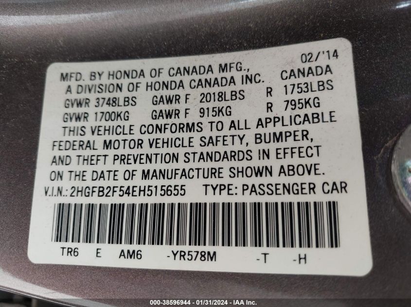 2014 HONDA CIVIC LX - 2HGFB2F54EH515655