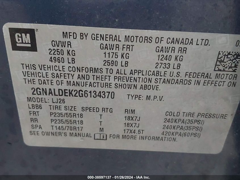 2016 CHEVROLET EQUINOX LTZ - 2GNALDEK2G6134370