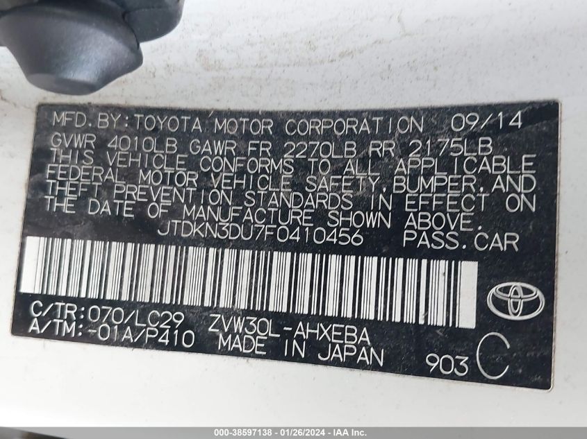 2015 TOYOTA PRIUS - JTDKN3DU7F0410456