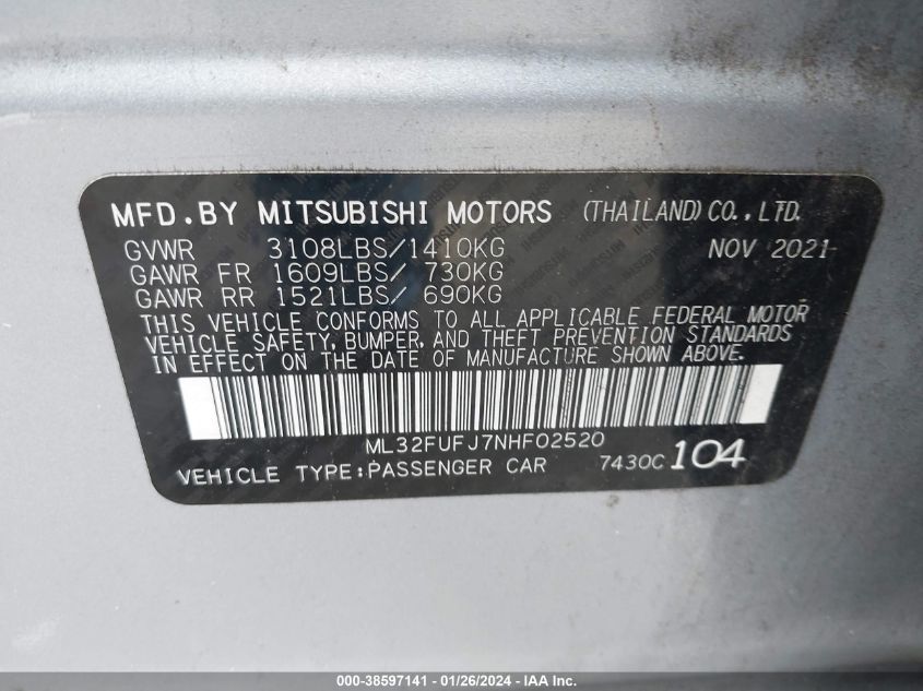2022 MITSUBISHI MIRAGE G4 G4 ES/G4 LE/G4 BLACK EDIT - ML32FUFJ7NHF02520