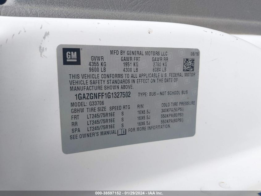 2016 CHEVROLET EXPRESS 3500 LS 1GAZGNFF1G1327502