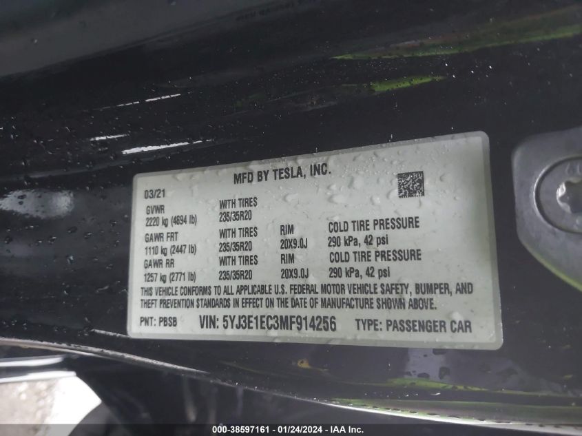 2021 TESLA MODEL 3 - 5YJ3E1EC3MF914256