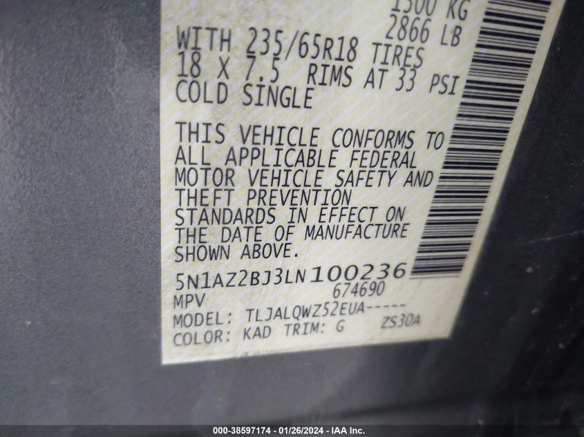 2020 NISSAN MURANO SV FWD - 5N1AZ2BJ3LN100236