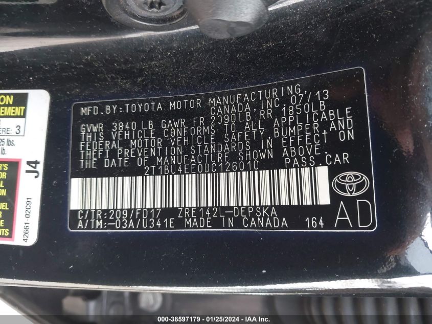2013 TOYOTA COROLLA S - 2T1BU4EE0DC126010
