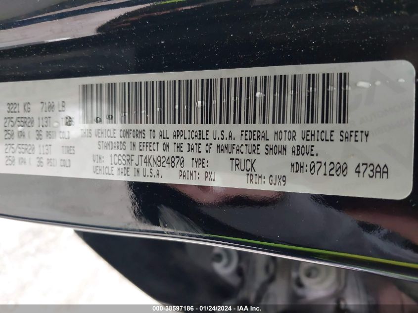 2019 RAM 1500 LARAMIE  4X4 5'7 BOX - 1C6SRFJT4KN924870