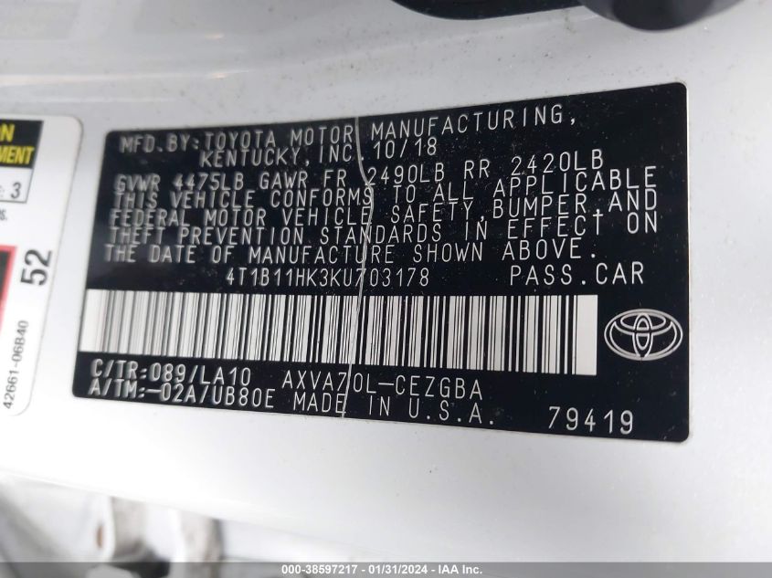 2019 TOYOTA CAMRY XLE - 4T1B11HK3KU703178