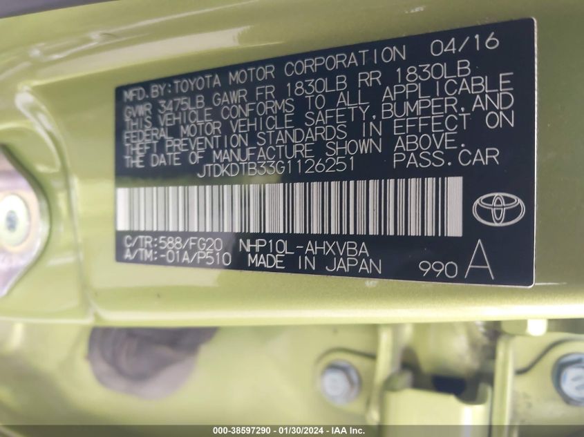 2016 TOYOTA PRIUS C TWO - JTDKDTB33G1126251