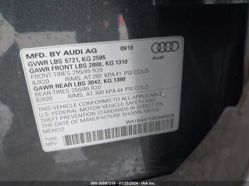VIN WA1B4AFY4K2000939 2019 AUDI SQ5 PREMIUM PLUS