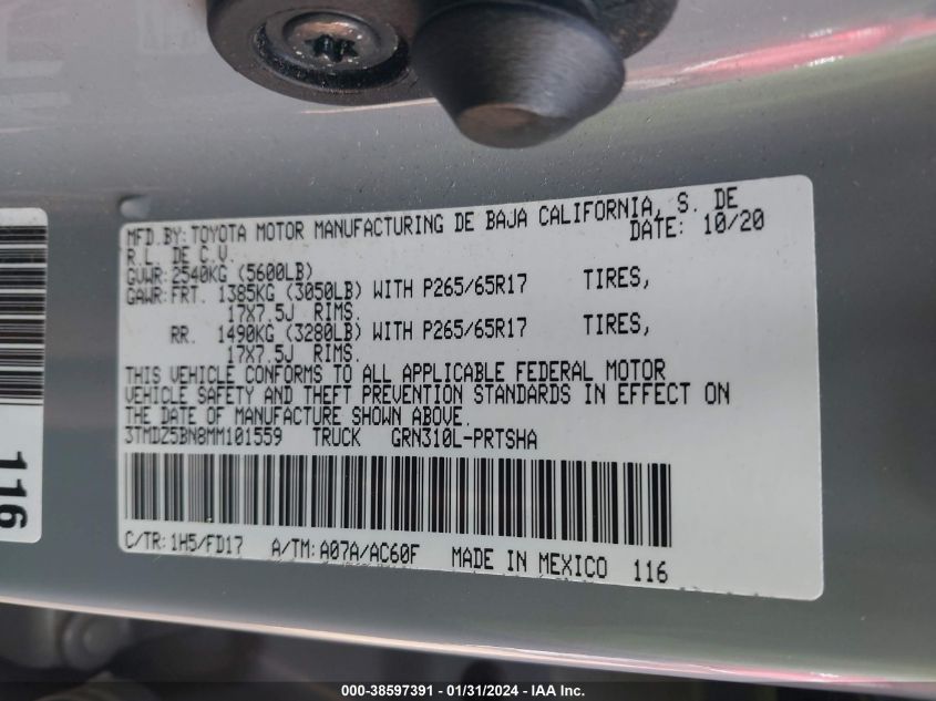 2021 TOYOTA TACOMA DOUBLE CAB/SR5/TRD SPORT/ - 3TMDZ5BN8MM101559
