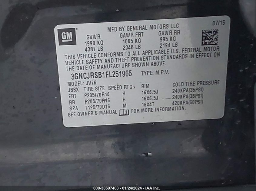 2015 CHEVROLET TRAX LT - 3GNCJRSB1FL251965