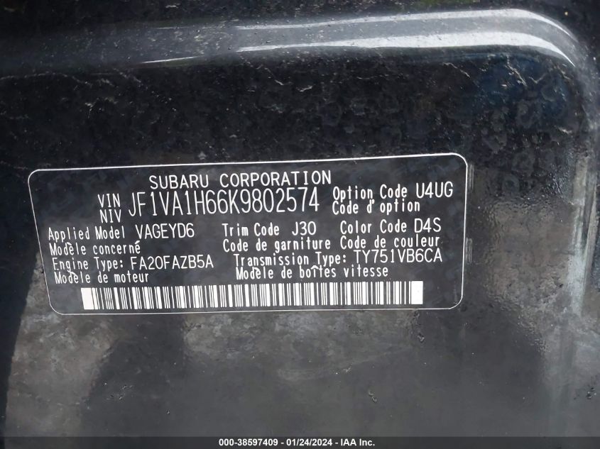 2019 SUBARU WRX LIMITED - JF1VA1H66K9802574