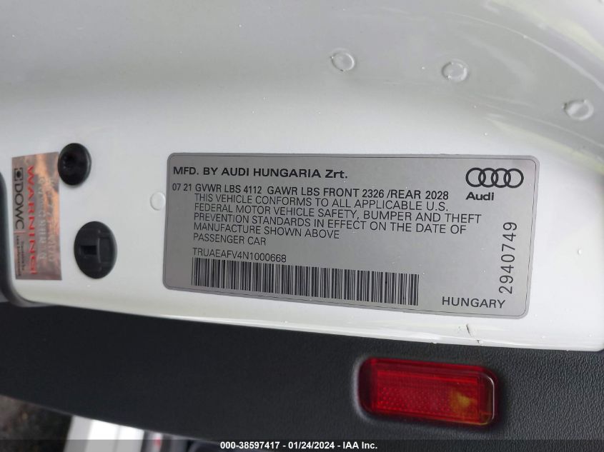 2022 AUDI TT 45 TFSI QUATTRO S TRONIC - TRUAEAFV4N1000668